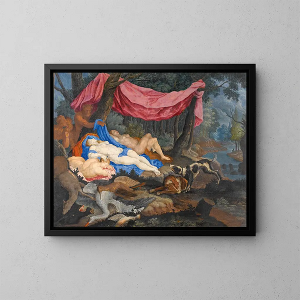 Een satyr die naar slapende nimfen kijkt - Vlaamse school — ingelijst kunstwerk aan de muur