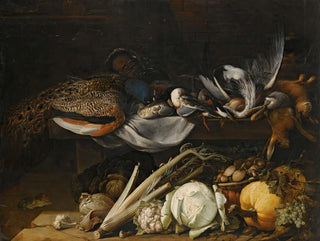 Flemish School - A Still Life Of Song Birds A Peacock And Rabbits On A Ledge With A Pumpkin A Cabbage A Cauliflower Celery Mushrooms And Grapes.webp