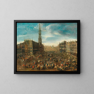 Flemish School - A market scene on the Grand Place in Brussels.webp