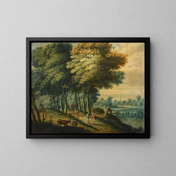 Boslandschap met Figuren - Vlaamse School — ingelijst kunstwerk aan de muur