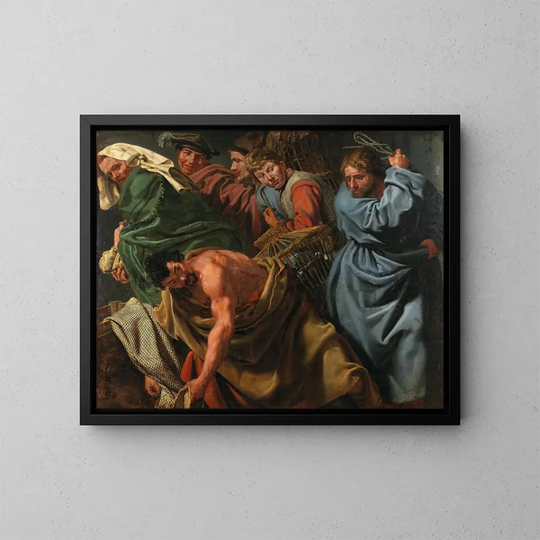 De Christus die de handelaren uit de tempel verdrijft - Vlaamse school — ingelijst kunstwerk aan de muur