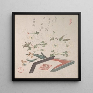 Fleurs de cerisier et boîte à sceau avec encre et règle - Kubo Shunman