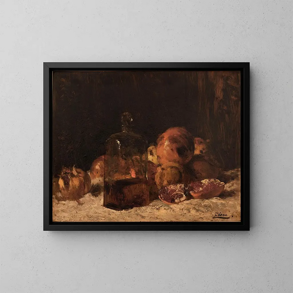 Natuurstudie met fles en granaatappels - Félix Ziem — ingelijst kunstwerk aan de muur