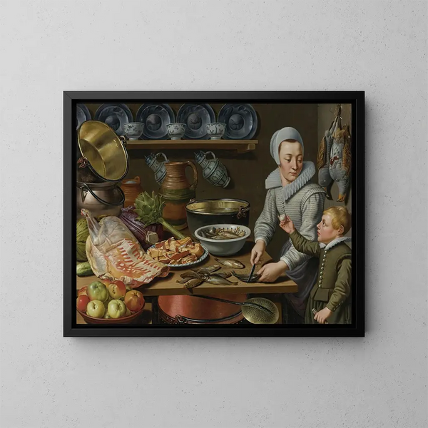 Keukenscène - Floris van Schooten — ingelijst kunstwerk aan de muur