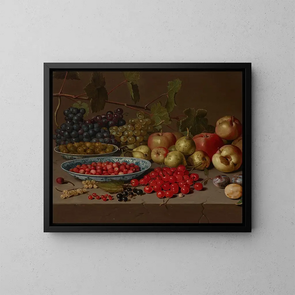 met kersen- en bosbessen, druiven, appels, peren, pruimen en andere vruchten op een stenen rand - Floris van Schooten — ingelijst kunstwerk aan de muur