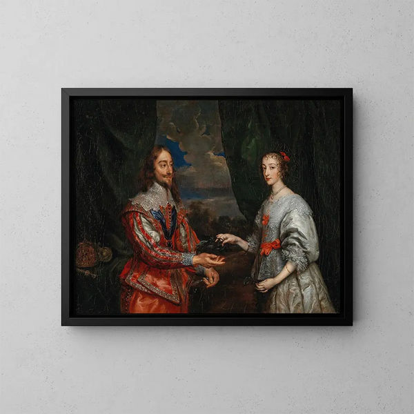 portret van koning Charles I en koningin Marie Henriette - School van Antoine van Dyck — ingelijst kunstwerk aan de muur