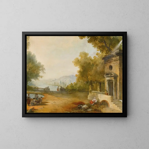 Figuren op een terras dat uitkijkt over een groot meer - School van Hubert Robert — ingelijst kunstwerk aan de muur