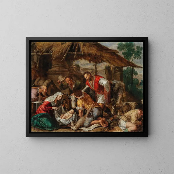 L'Adoratie der herders - School van Jacopo da Ponte — ingelijst kunstwerk aan de muur