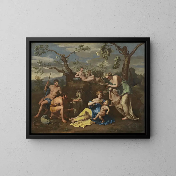 Nymphe voedt de jongen Jupiter - School van Nicolas Poussin — ingelijst kunstwerk aan de muur