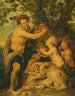 Een man drinkend met putti en een tijger - School van Peter Paul Rubens — weergave van het kunstwerk