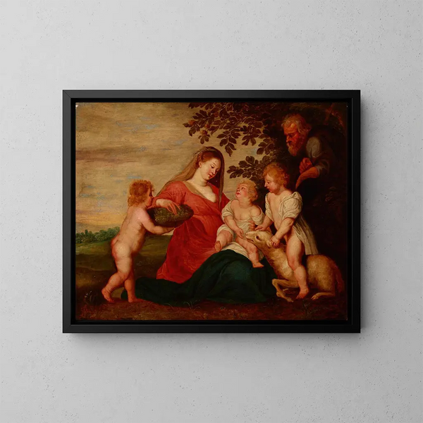 Heilige Familie met het Heilige Kind Jean-Baptiste en een Engel - School van Peter Paul Rubens — ingelijst kunstwerk aan de muur