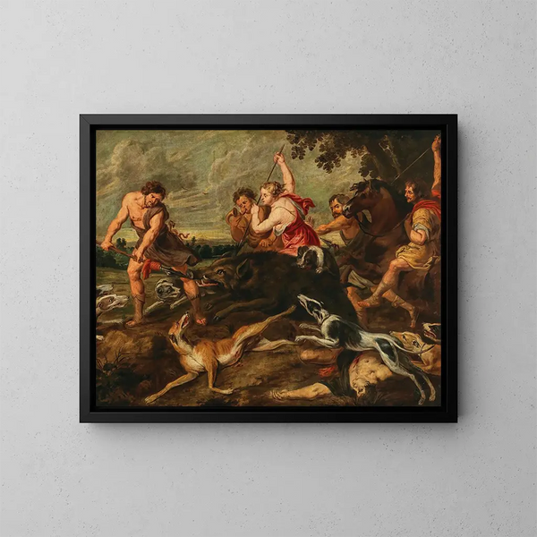 Méléagre en Atalante die de everzwijn van Calydon jaagt - School van Peter Paul Rubens — ingelijst kunstwerk aan de muur