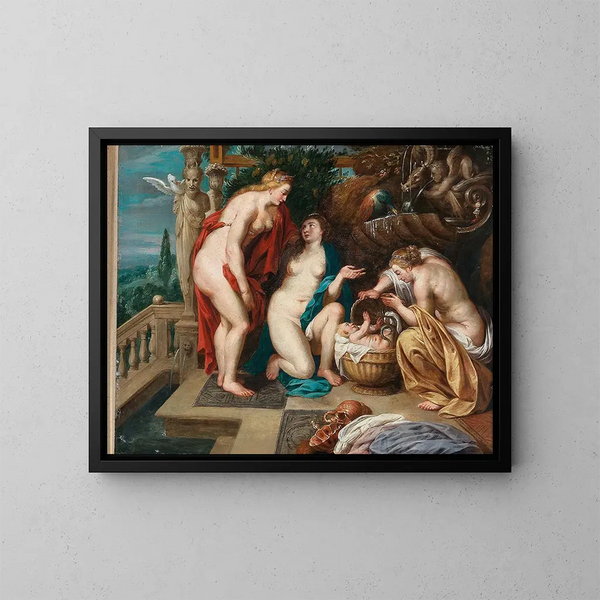 De meisjes van Cécropios die de baby Érichthonios ontdekken - School van Peter Paul Rubens — ingelijst kunstwerk aan de muur