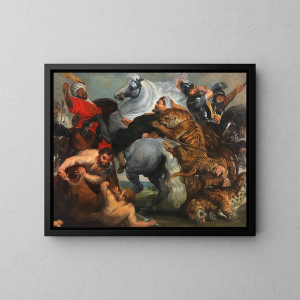 De jacht op tijger, leeuw en luipaard - School van Peter Paul Rubens — ingelijst kunstwerk aan de muur