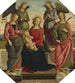 Madonna en Kind met twee engelen, heilige Roos en heilige Catharina van Alexandrië - Volgeling van Pietro Perugino — weergave van het kunstwerk