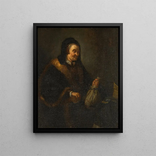 Follower of Rembrandt van Rijn - An old woman with a purse and coins at a table Allegory of Avarice.webp