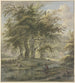 Bos met eikenbomen en enkele hutten op de voorgrond, een visser - Jan Hulswit — weergave van het kunstwerk