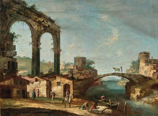 Francesco Albotto - Landscape with classical ruins and figures by a river a bridge beyond.webp