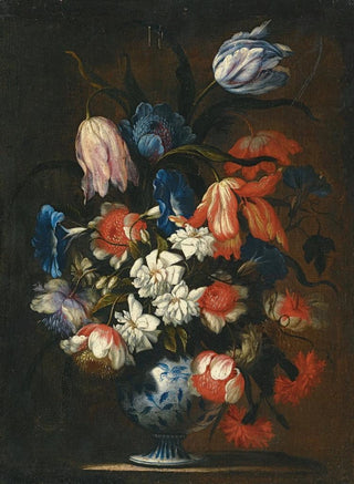 Francesco Caldei - A Still Life With Tulips Carnations And Other Flowers In A Blue And White Porcelain Vase.webp