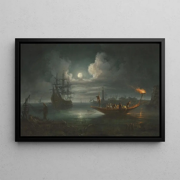 Francesco Fidanza - A moonlit Mediterranean harbour with fishermen pulling in their catch a fullrigged pinnace and other shipping beyond.webp