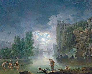 Francesco Fidanza - A moonlit river landscape with fishermen working by torchlight the Temple of Vesta in the right background.webp