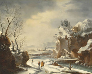 Francesco Foschi - A snowy landscape with travellers by a river.webp