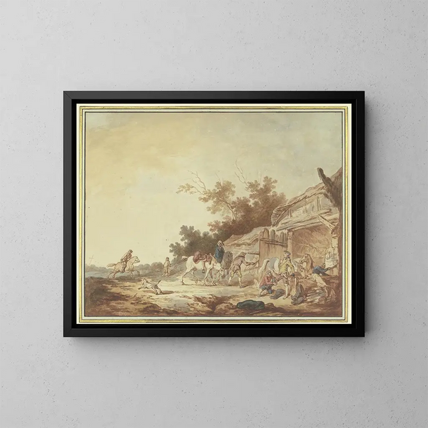 Een reiziger die laarzen krijgt aangemeten, staat met zijn paarden bij een drinkbak, terwijl twee ruiters van links naderen. - Francesco Giuseppe Casanova — ingelijst kunstwerk aan de muur