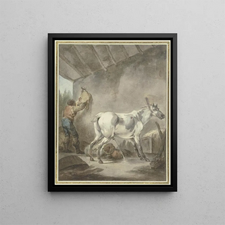 Francesco Giuseppe Casanova - Ein stallender Schimmel mit einem Bauern der einen Sattel aufhngt.webp