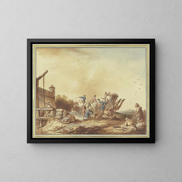 Voor de deur van een forterij, worden de bagage van een reiziger die daar stopt met zijn diligente doorzocht, rechts een familie van bedelaars met een hond. - Francesco Giuseppe Casanova — ingelijst kunstwerk aan de muur