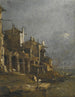 van een kustlandschap van Capriccio met figuren op de oever onder een boog - Francesco Guardi — weergave van het kunstwerk