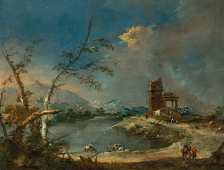 Francesco Guardi - A capriccio of a rustic tower beside a lake.webp