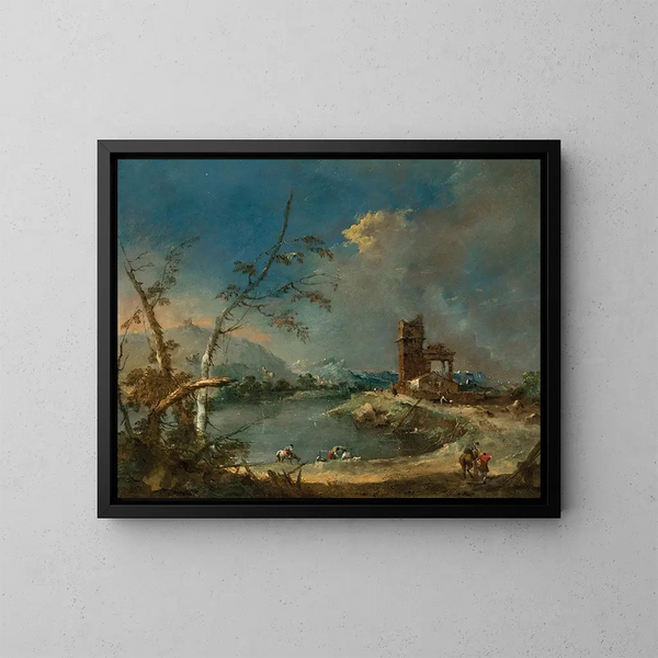 van een grill van een rustieke toren aan de rand van een meer - Francesco Guardi — ingelijst kunstwerk aan de muur