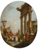 Een architectonisch fantasie met personages tussen klassieke ruïnes Een tempel daarbuiten - Francesco Guardi — weergave van het kunstwerk