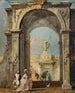 Een architectonisch fantasie met elegant geklede personages en een hond bij de ingang van een paleis - Francesco Guardi — weergave van het kunstwerk