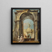 Een architectonisch fantasie met elegant geklede personages en een hond bij de ingang van een paleis - Francesco Guardi — ingelijst kunstwerk aan de muur