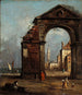 Caprice met triomfboog in puin en landschap aan de laguneoever - Francesco Guardi — weergave van het kunstwerk