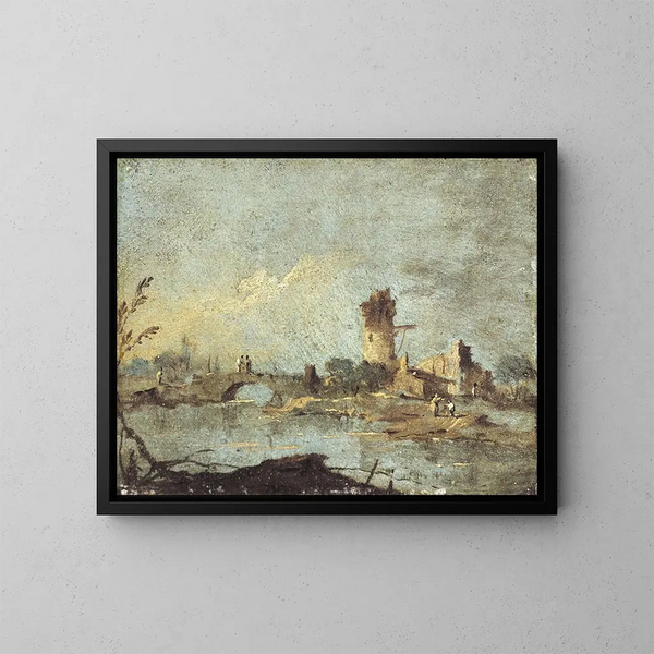 rustieke caprice met een brug en een vervallen toren - Francesco Guardi — ingelijst kunstwerk aan de muur