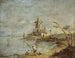 Caprice rustiek met toren aan het water - Francesco Guardi — weergave van het kunstwerk