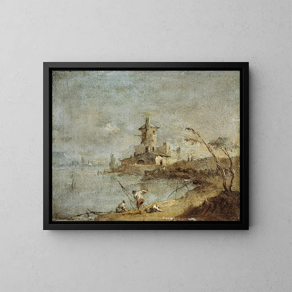 Caprice rustiek met toren aan het water - Francesco Guardi — ingelijst kunstwerk aan de muur