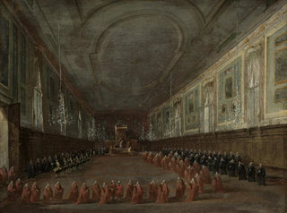 Francesco Guardi - Pope Pius VI Descending the Throne to Take Leave of the Doge in the Hall of SS Giovanni e Paolo 1782.webp