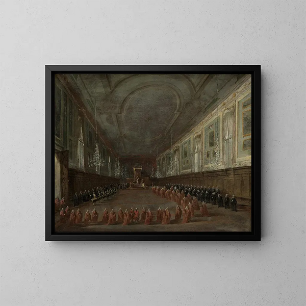 De paus Pius VI die afdaalt van de troon om afscheid te nemen van de doge in de zaal van de SS Giovanni e Paolo 1782 - Francesco Guardi — ingelijst kunstwerk aan de muur