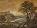 Een landschap met herders die rusten onder een boom bij een waterval - Francesco Zuccarelli — weergave van het kunstwerk