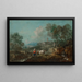 Italianate landscape painting with peasants driving livestock near a stream, a city in the distance - Francesco Zuccarelli — framed artwork on a wall