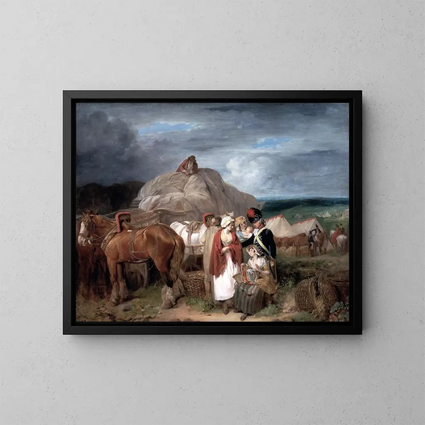 Soldaat met vrouwen uit het platteland die linten verkopen bij een militair kamp - Francis Wheatley — ingelijst kunstwerk aan de muur