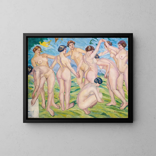 van vrouwen die in een cirkel dansen - Francisco Iturrino — ingelijst kunstwerk aan de muur