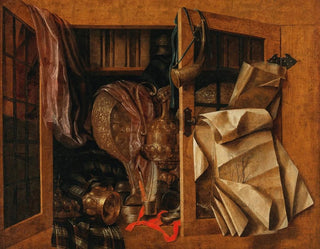 Franciscus Gijsbrechts - A trompeloeil still life of a cupboard with books gilded vessels a hunting horn and drawings.webp