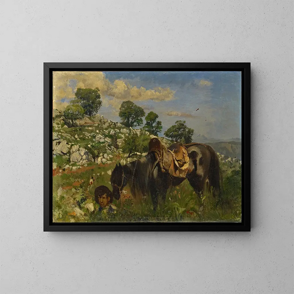Ruiter in het hoge gras - Frank Buchser — ingelijst kunstwerk aan de muur