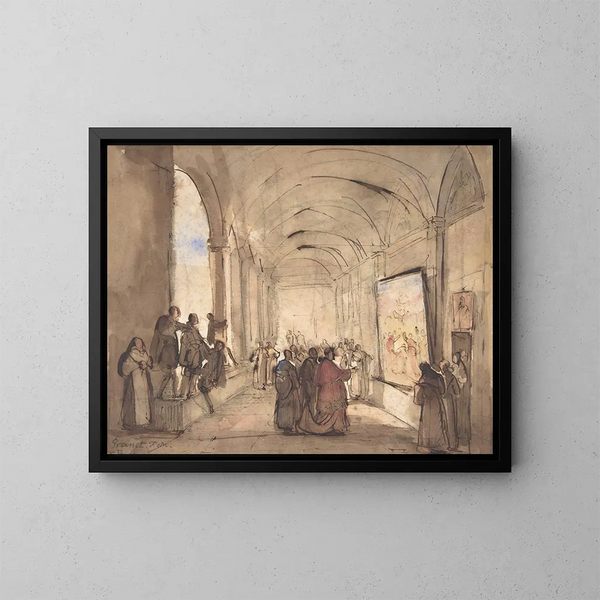 Een kardinaal die een schilderij bekijkt in een klooster - François-Marius Granet — ingelijst kunstwerk aan de muur