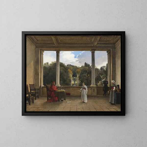 van het publiek met kardinaal Aldobrandini in de loggia van villa Belvédère in Frascati - François-Marius Granet — ingelijst kunstwerk aan de muur