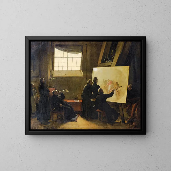 De vader Pozzo schilderend in zijn atelier omringd door monniken van zijn orde - François-Marius Granet — ingelijst kunstwerk aan de muur